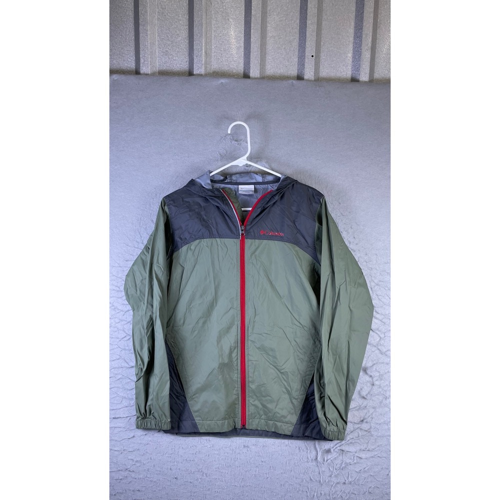Columbia Windbreaker Jacket Boys L 14/16 Green Grey Excellent Hooded Full Zip